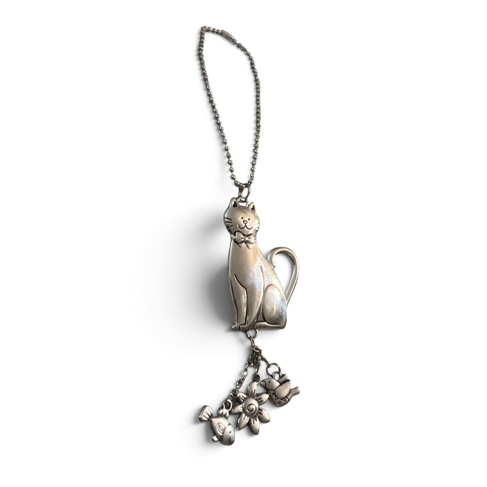Vintage Silver Tone Cat Rear View Mirror Charm with Fish Flower Bird Charms